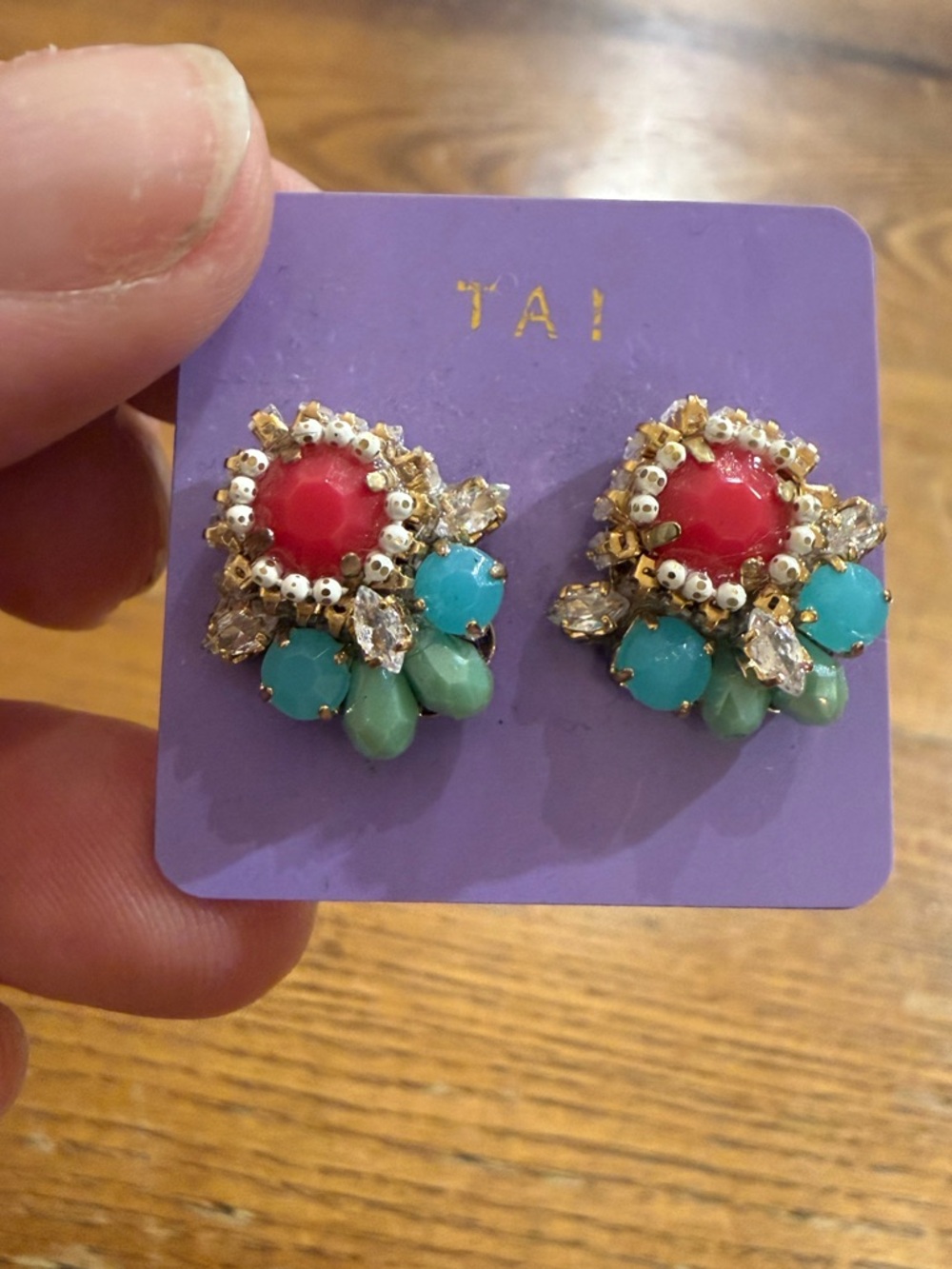 Gold-Tone Floral Cluster Earrings with Coral and Mint Accents - Picture 3 of 6